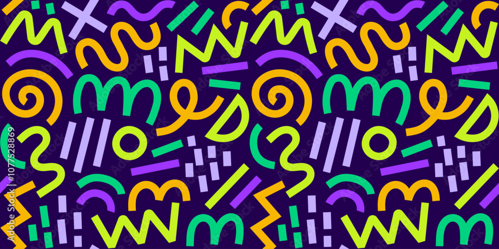 Memphis geometric seamless pattern. Multicolor abstract background in retro 80s, 90s style with various shapes: circles, semicircles, dots, zigzags, spirals, wavy lines. Cute kid doodle design. Memphis geometric seamless pattern. Multicolor abstract background in retro 80s, 90s style with various shapes: circles, semicircles, dots, zigzags, spirals, wavy lines. Cute kid doodle design.