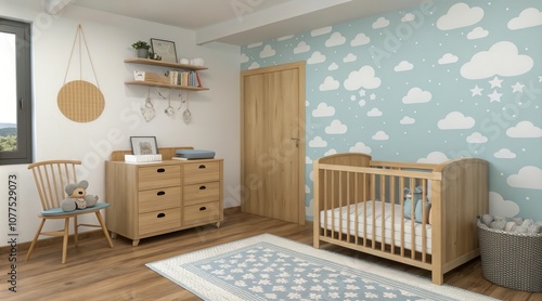 A Cozy Child's Room Featuring a Playful Cloud Mural and Natural Wooden Furniture for a Serene Atmosphere. Generative AI