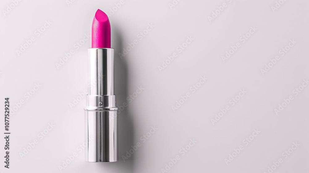 Bright Pink Lipstick Tube on Minimal White Background. Concept of Beauty, Fashion, Makeup, and Cosmetic Trends. Copy space Bright Pink Lipstick Tube on Minimal White Background. Concept of Beauty, Fashion, Makeup, and Cosmetic Trends. Copy space