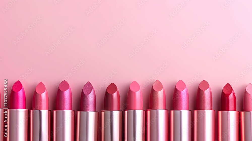 Assorted Shades of Pink Lipsticks on a Gradient Background. Concept of Beauty Products, Makeup Variety, Feminine Style, Colorful Cosmetics. Copy space Assorted Shades of Pink Lipsticks on a Gradient Background. Concept of Beauty Products, Makeup Variety, Feminine Style, Colorful Cosmetics. Copy space