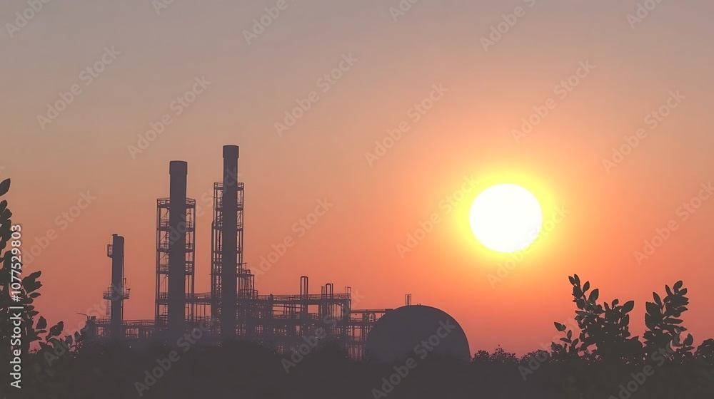 Industrial landscape at sunset with smokestacks and a large dome silhouette. Industrial landscape at sunset with smokestacks and a large dome silhouette.