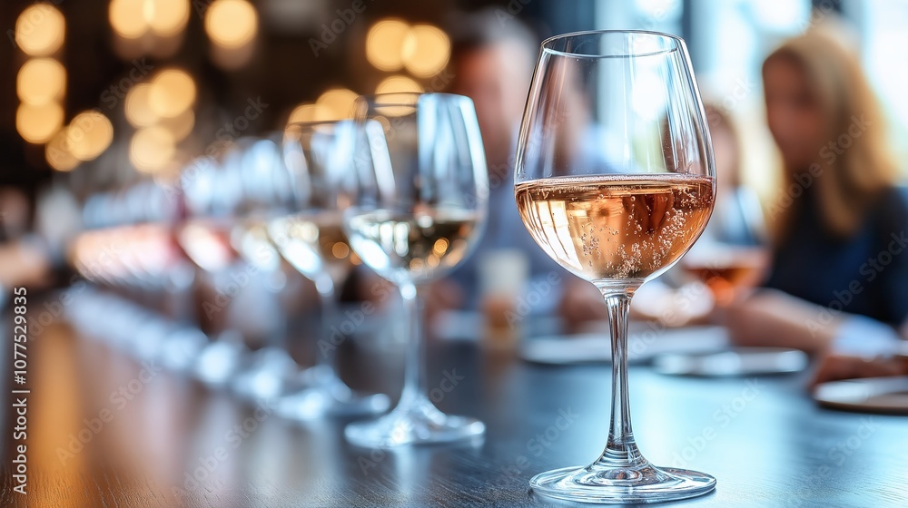 Row of wine glasses are lined up on a table, with one of them being filled with a glass of wine. The scene suggests a social gathering or a wine tasting event, where people are enjoying wine Row of wine glasses are lined up on a table, with one of them being filled with a glass of wine. The scene suggests a social gathering or a wine tasting event, where people are enjoying wine