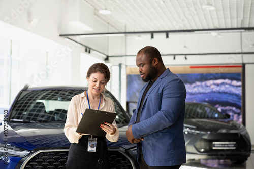 Billede på lærred Cheerful saleswoman in dealership using sales tactic to persuade client to make immediate purchase or deposit