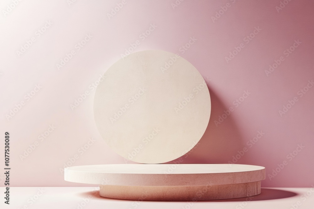 A serene composition featuring a floating circle and a curved platform against a soft pink background, embodying minimalist design. Generative AI A serene composition featuring a floating circle and a curved platform against a soft pink background, embodying minimalist design. Generative AI