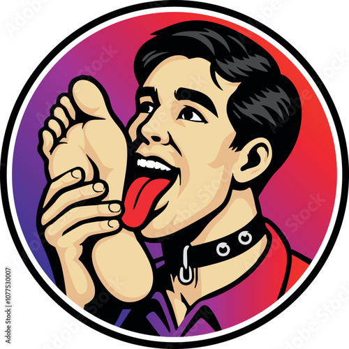Gay guy in leather collar licking foot with tongue. Fun round graphic gay symbol (vector)