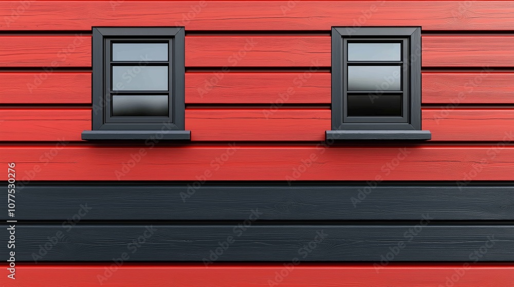 Two windows on a red wall, one of which is black. The windows are positioned in such a way that they create a sense of symmetry and balance. The red and black color scheme of the windows Two windows on a red wall, one of which is black. The windows are positioned in such a way that they create a sense of symmetry and balance. The red and black color scheme of the windows