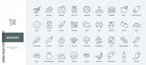 Basket of store for fresh meat and fish, fruit and vegetables, milk and cheese thin black outline symbols vector illustration. Grocery and supermarket food products for delivery line icons set.