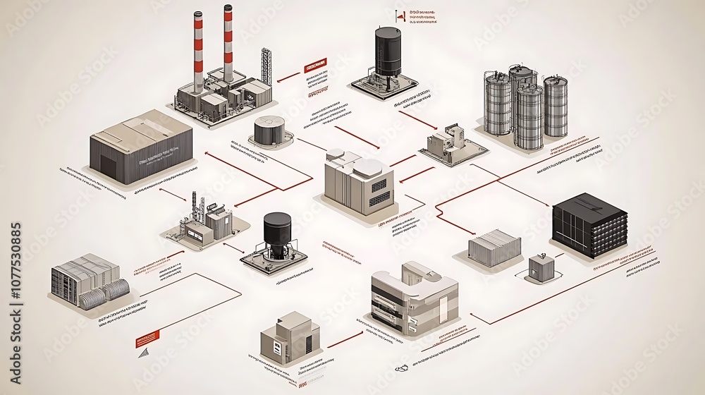 Industrial diagram illustrating processes and components of a manufacturing facility. Industrial diagram illustrating processes and components of a manufacturing facility.