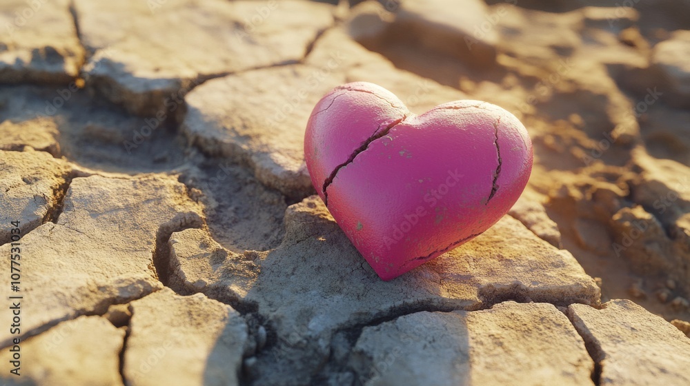 Fototapeta premium Bright pink heart resting on soft, cracked clay, generative ai