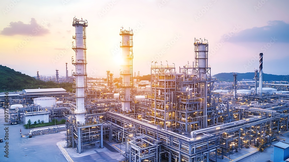 Industrial complex with pipes and towers, illuminated by sunset. Industrial complex with pipes and towers, illuminated by sunset.