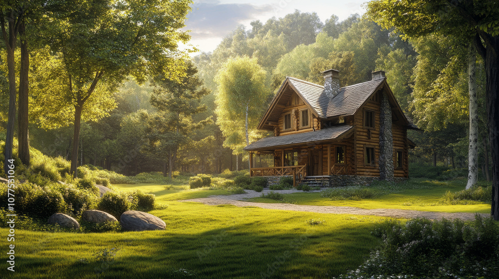 Fototapeta premium A picture of a wooden house nestled in a green forest. We'll look at the good and bad points of wooden houses and living in the suburbs.