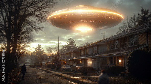 UFO sighting over a suburban neighborhood, with astonished residents gazing up at the mysterious craft.