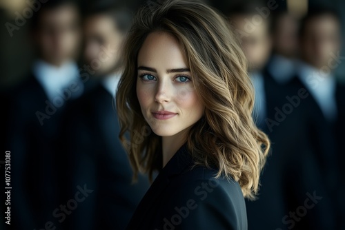 Confident Young Woman with Wavy Hair in Professional Setting