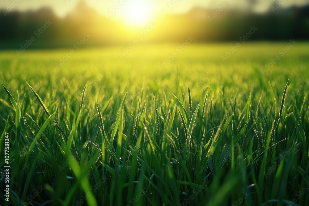 Lush green grass field under the golden glow of a setting sun, creating a warm and serene atmosphere with vibrant natural colors in the landscape. Lush green grass field under the golden glow of a setting sun, creating a warm and serene atmosphere with vibrant natural colors in the landscape.