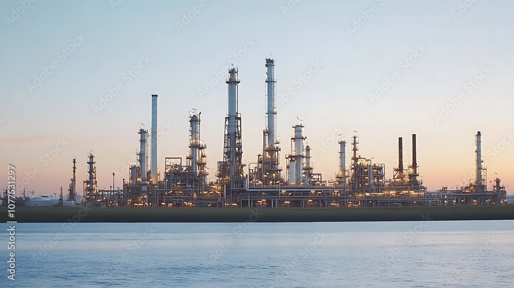 Fototapeta premium Industrial complex at dusk with smokestacks and illuminated structures by a river.