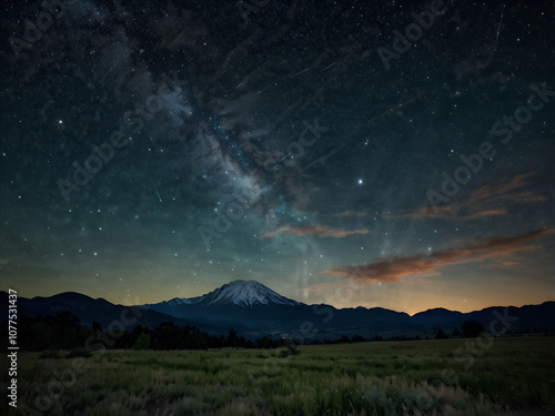 Deep dark sky with twinkling stars and silhouettes of mountains.