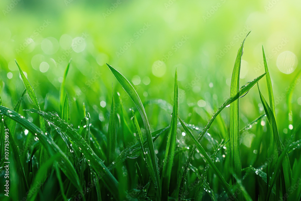 Close-up of fresh green grass blades with morning dew glistening under soft sunlight, evoking a serene and refreshing natural atmosphere. Close-up of fresh green grass blades with morning dew glistening under soft sunlight, evoking a serene and refreshing natural atmosphere.