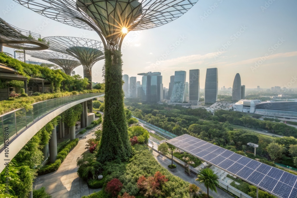 Fototapeta premium A stunning view of vertical gardens and solar panels in a futuristic cityscape at sunset