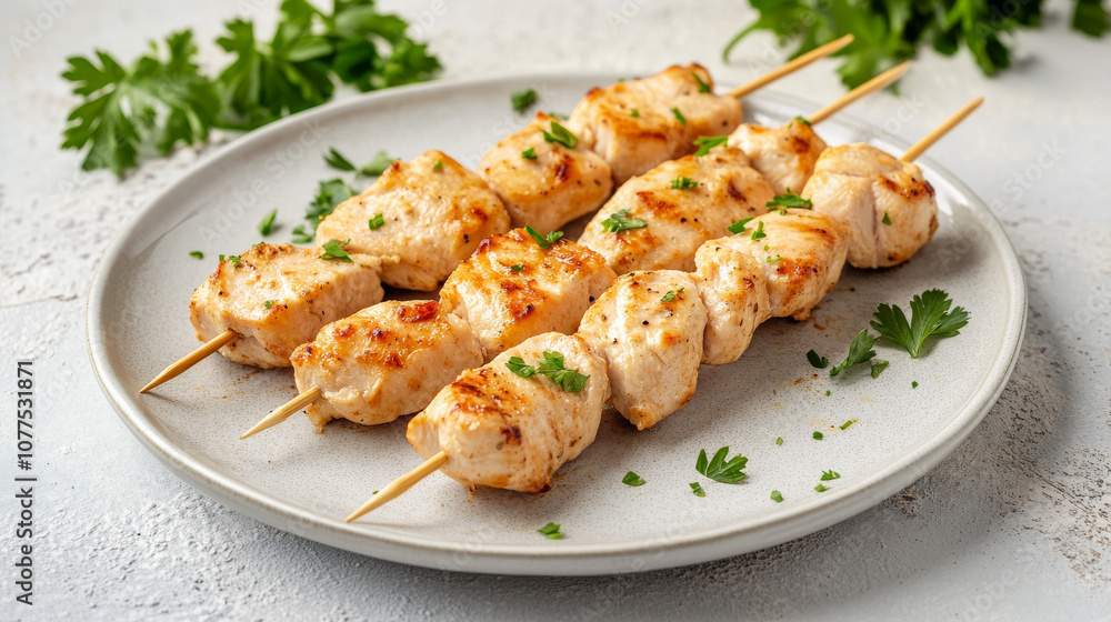 A plate of chicken kebab skewers sits on a light gray surface. There's plenty of space around the skewers, perfect for adding text. A plate of chicken kebab skewers sits on a light gray surface. There's plenty of space around the skewers, perfect for adding text.