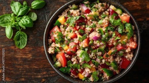 A bowl of quinoa salad with tomatoes, cucumbers, red onion, and herbs on a rustic wooden background.