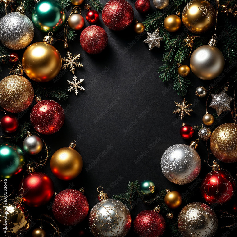 Concept photo of Happy New Year 2025 with Top View of Christmas Ornaments on Dark Background, Space for Text Concept photo of Happy New Year 2025 with Top View of Christmas Ornaments on Dark Background, Space for Text