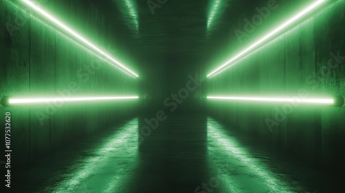 A mysterious dark tunnel adorned with intense neon green light beams, casting reflections across the glossy surface, evoking futuristic and immersive sensations. photo