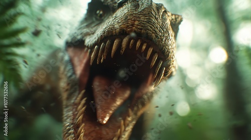 A terrifying dinosaur widely opens its mouth, displaying a fearsome array of teeth amidst the jungle, embodying the raw power and primal nature of its existence.