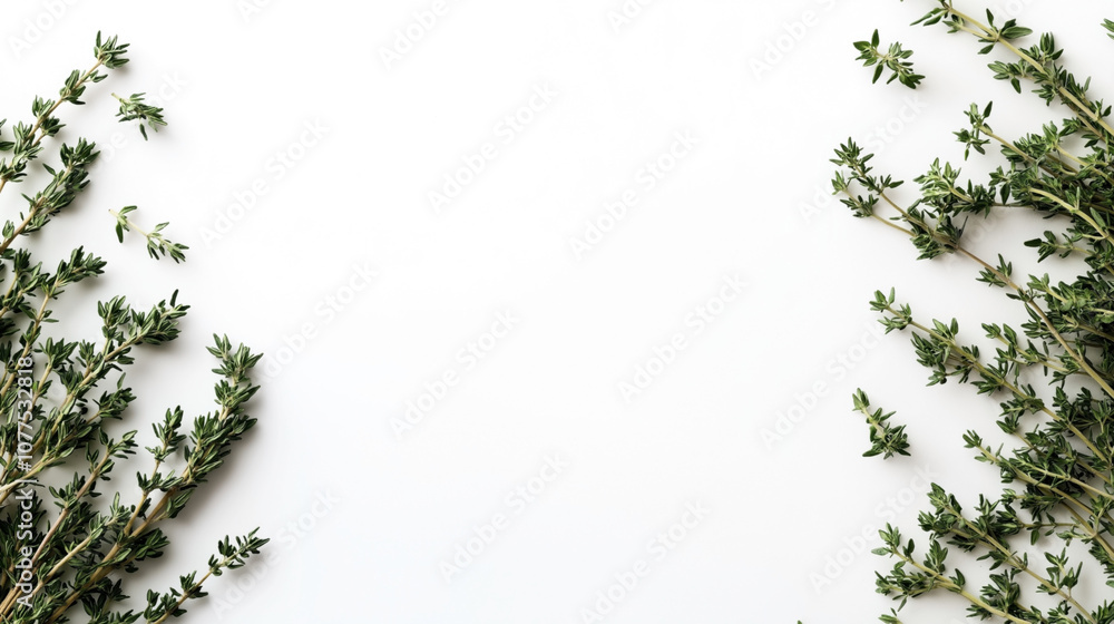 Fresh thyme sprigs arranged on a white background with open space in the center Fresh thyme sprigs arranged on a white background with open space in the center