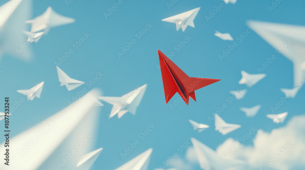 A red paper airplane is flying ahead of white ones in the sky. This ...