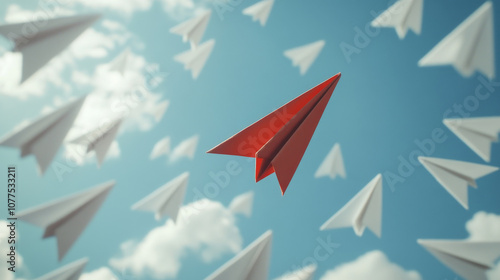 A red paper airplane is flying ahead of white ones in the sky. This shows how a leader guides and leads others.