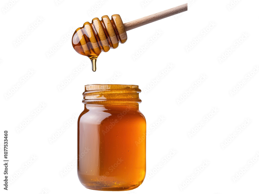 Honey Dripping from Wooden Dipper into a Jar Honey Dripping from Wooden Dipper into a Jar