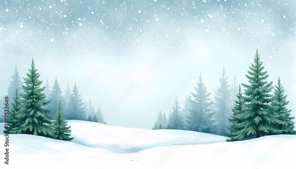 Naklejka premium Soft winter landscape with snow-covered hills and evergreen trees under a gentle snowfall