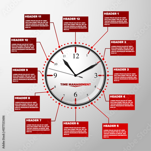 Time management productivity and organization Vector clock face with labels for each hour. 