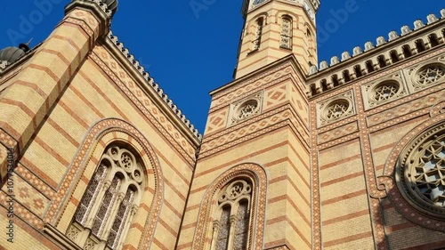 The synagogue in Budapest, Hungary, with a view of the historic old synagogue against a clear blue sky.