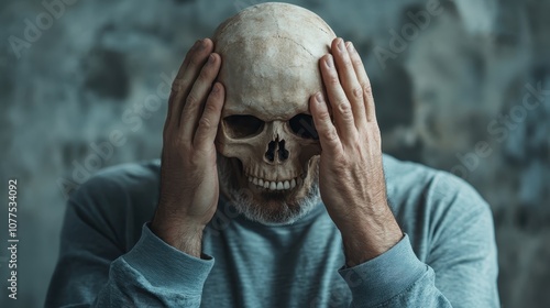 A man adorned with a skull mask holds his head in a dramatic pose, suggesting themes of mortality, introspection, and haunting human expression. photo