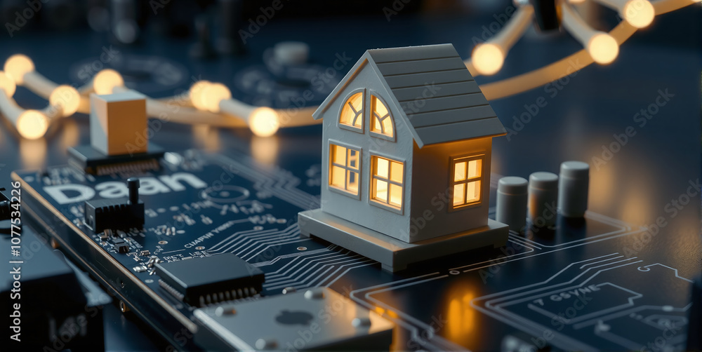 Obraz premium Technology in the smart home with intelligent controls, networking and technization of the home through microelectronics for control, monitoring and security