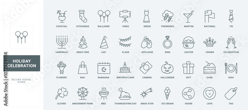 Dinner or banquet decoration and food, cake and gift, bouquet thin black outline symbols vector illustration. Birthday party, national and religious holidays, and fun events line icons set.