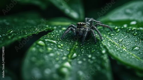 A macro shot of a jumping spider with striking green eyes on lush green leaves, capturing the freshness and biodiversity of a dewy natural environment. photo