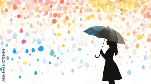 Silhouette of a woman holding an umbrella under a colorful raindrop background.