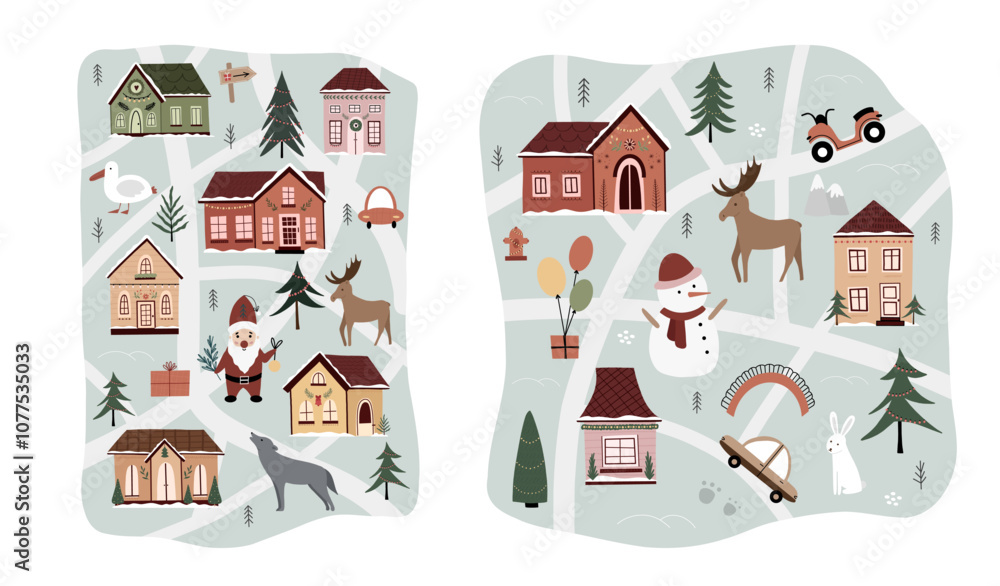 Obraz premium Christmas card creator hand drawn. Cute vector illustration in cartoon style, for your design poster, cards, website. Houses, snowmen, trees, Santa