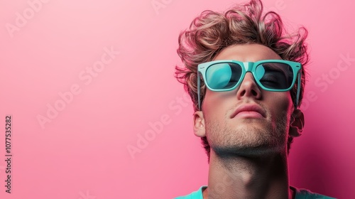 A stylish individual poses confidently, wearing vibrant turquoise sunglasses against a bright pink background, exuding modernity and a trendy, youthful vibe.