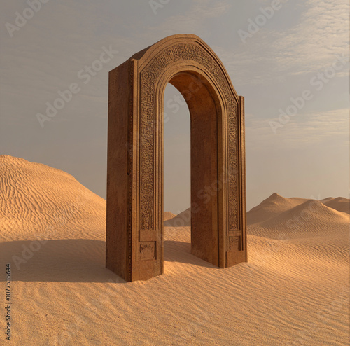 Large archway is in the middle of a desert photo