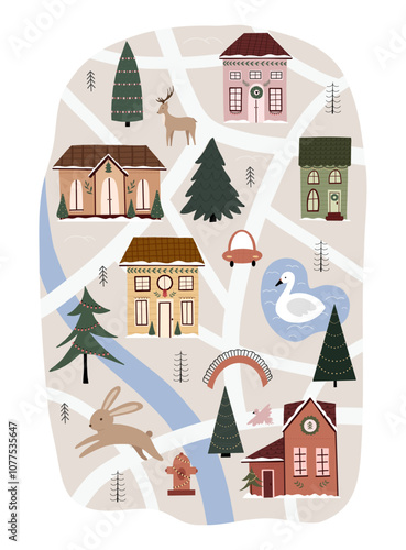 Christmas card creator hand drawn. Cute vector illustration in cartoon style, for your design poster, cards, website. Christmas tree, house, lake, hare, rabbit, car
