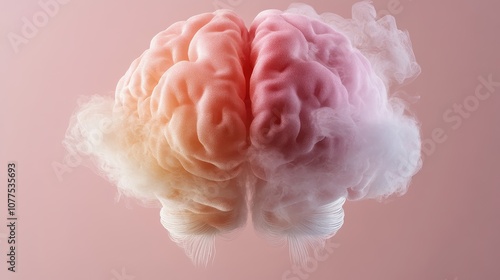 An abstract image of a brain enveloped by soft cloud-like structures, symbolizing thoughts, dreams, and the ethereal nature of human consciousness. photo