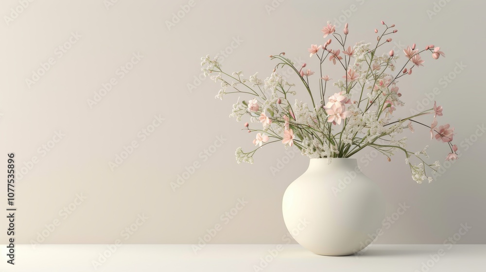 3D render of a sleek vase with flowers, in soft hues against a light background, ideal for minimalist and elegant decor 3D render of a sleek vase with flowers, in soft hues against a light background, ideal for minimalist and elegant decor