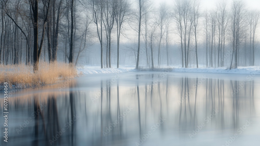 A Tranquil Winter Scene with Bare Trees Reflected in a Still Lake A Tranquil Winter Scene with Bare Trees Reflected in a Still Lake