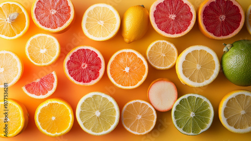 A simple picture of different fruits cut in half.