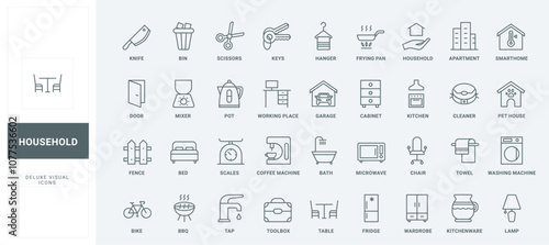 Domestic smart devices, home office furniture and machines thin black outline symbols vector illustration. Household equipment, kitchen tools for cooking and electric appliances line icons set.