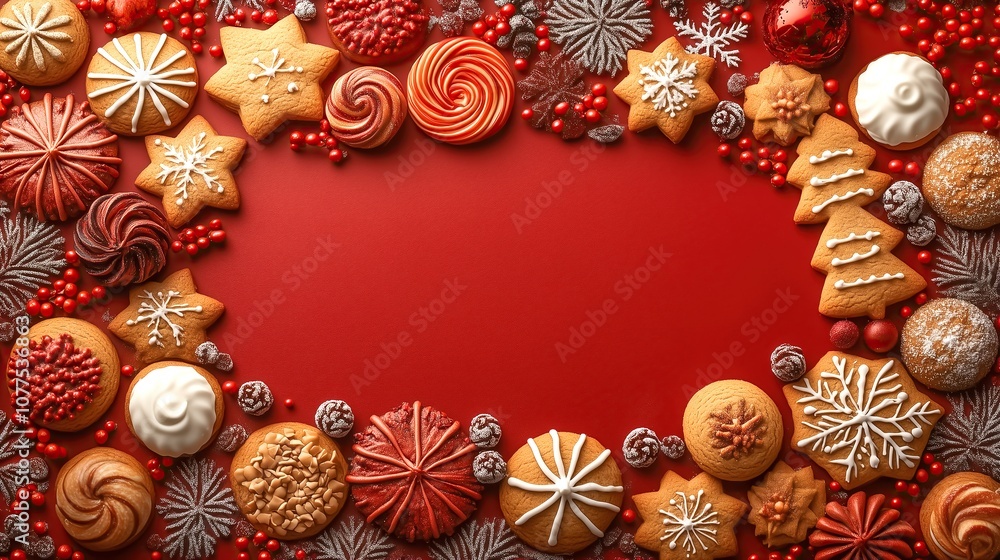 Christmas cookies shaped like stars, trees, and wreaths on a red background with space for your holiday message. Great for postcards, promotions, and digital designs 2026 - 2027. Christmas cookies shaped like stars, trees, and wreaths on a red background with space for your holiday message. Great for postcards, promotions, and digital designs 2026 - 2027.