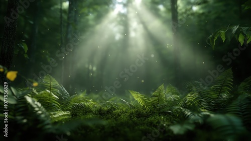 A lush forest scene where sunlight glimmers through the dense canopy, highlighting the rich green environment and evocatively tranquil atmosphere of nature. photo